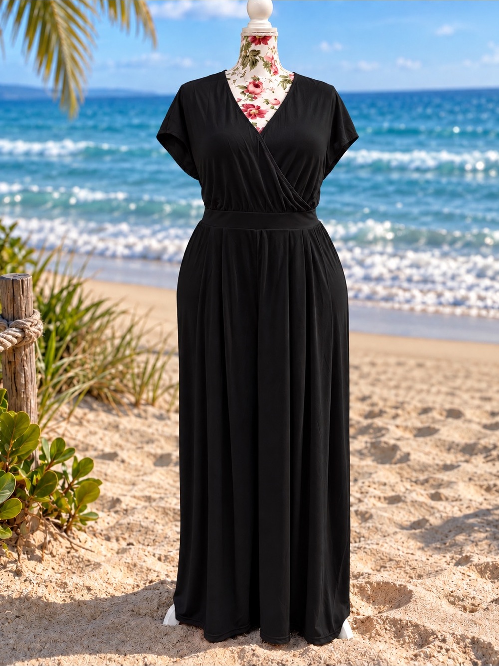 Halara Black Wide Leg Jumpsuit Women’s Large Tall Wrap V Neck 31” Inseam NWOT